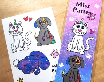 Miss Pattes' Duo Bookmark and Stickers - Magical animals cat dog unicorn paint galaxy colors stars friends kids kitty puppy bunny rainbow