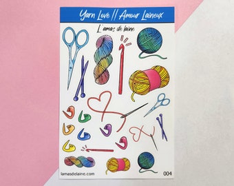 Yarn Love Planner stickers - Kiss cut Sticker sheet - Cute yarn ball hank crochet knitting needles bullet journal accessories agenda deco