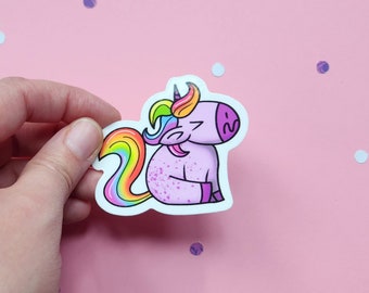 Purple Unicorn Vinyl Sticker - Glossy Die cut - Constipated unicorn magical laptop water-proof weather resistant magical rainbow mane