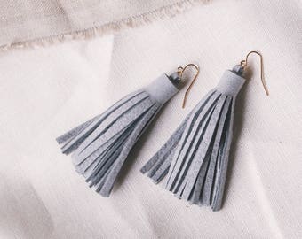 Light Grey Leather Tassel Earrings