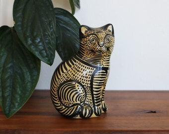 Ceramic Cat Folk Art Sculpture, yellow and black bookshelf decor