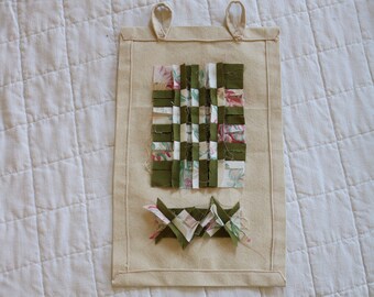 Inside Out Quilt 01 - small abstract wall hanging with reclaimed fabric, green and floral