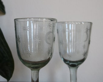 Moon & Stars Etched Drinking Glasses, Set of 6, Vintage handblown glass