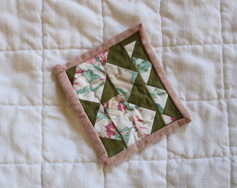 Quilted Coaster 04 - reclaimed floral and green cotton, hand-quilted abstract design