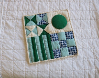 Wall Quilt 03 - modern, geometric, small wall hanging with reclaimed fabric, blue and green