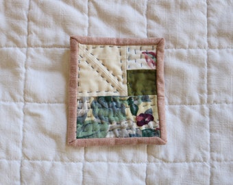 Quilted Coaster 03 - reclaimed floral cotton, hand-quilted abstract