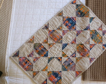 Wall Quilt 01 - hand-quilted wall hanging with reclaimed purple and orange tie-dyed cotton and tan linen