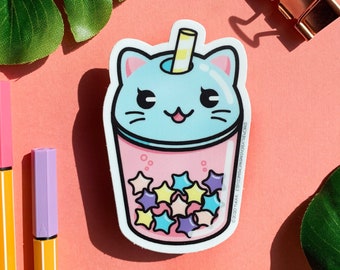 Waterproof Bubble Kitty Vinyl Sticker | Waterproof Bubble Tea Sticker | Bubble Tea Laptop Sticker | Waterproof Boba Vinyl Sticker