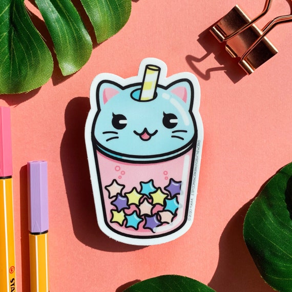 Waterproof Bubble Kitty Vinyl Sticker Waterproof Bubble Tea Etsy