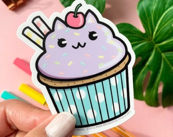 Waterproof Cupcake Vinyl Sticker | Cupcake Gift | Cat Cupcake Sticker | Cupcake Laptop Sticker | Cute Cupcake Sticker | Kawaii Food Sticker