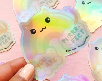 Waterproof Holographic Rainbow Cat Vinyl Sticker | Holographic Sticker | You Are Perfect Sticker | Rainbow Laptop Sticker | Cute Cat Sticker