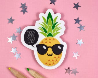 Waterproof Messy Hair Don't Care Pineapple Vinyl Sticker | Pineapple Laptop Decal | Pineapple Laptop Sticker | Pineapple Die Cut Sticker