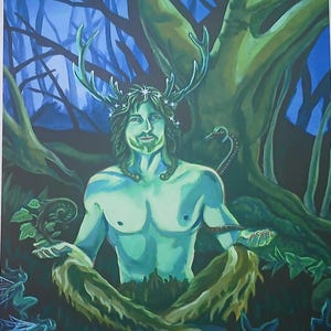 Cernunnos - Gwyn ap Nudd, Greenman, Hern Hunter, The Horned God, Pagan, Witchcraft, Woodland, Forest, Protector, Original Art,13.5 x 9.5&quot;