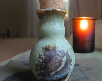 Woodland Owl Apothecary Bottle | Handmade Ceramic Bud Vase | Rustic Pottery Potion Bottle with Cork | Cottagecore Forest Decor