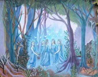 Los Brillantes Pintura, Sidhe, Faerie, Feywild, Otro Mundo, Hada, Fair Folk, Tuatha de Danann, Elven, OOAK, Ninfas Bailando, Bosque