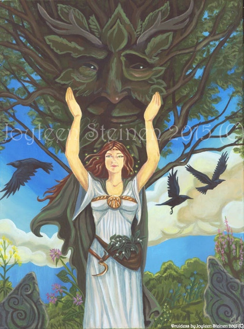 Druidess Giclee, Print, Druid, Shaman, Greenman, Nature, Forest, Raven Totem, Triskel, Original Art, 13.5 x 9.5 imagen 1