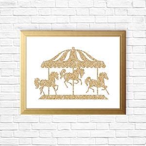 Silhueta de carrossel dourado brilhante - arte de parede para impressão