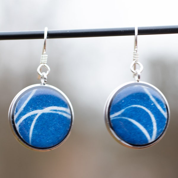 Cyanotype Earrings, Alternative Process Photography, Handmade, Unique Gift, Floral Pendant, Solid Sterling Silver, Prussian Blue, Silhouette