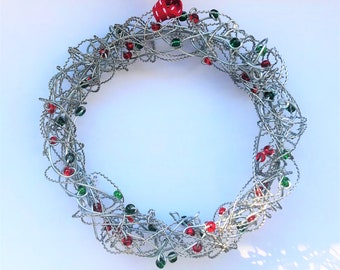 Handmade Wire and Glass Bead Christmas Wreath Decoration