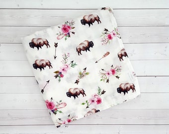 Swaddle Blanket, Buffalo Swaddle, Buffalo NY, Baby Blanket, Gauze Blanket, Bison, Boho, Lovey, Double Gauze, Car Blanket, Muslin Swaddle