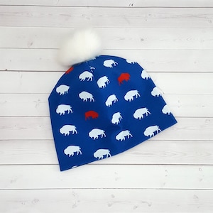 Red and Blue Buffalo Pom Pom Beanie, Buffalo NY, Buffalove, Buffalo Gift, Slouchy Beanie, Faux Fur Beanie, Pom Pom Beanie, Pom Pom Hat