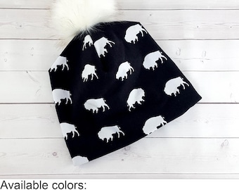 Buffalo Pom Pom Beanie, Bison, Buffalo NY, Slouchy Beanie, Baby Beanie, Faux Fur Pom, Gift for Men, Buffalove, Buffalo Gift, Buffalo Baby