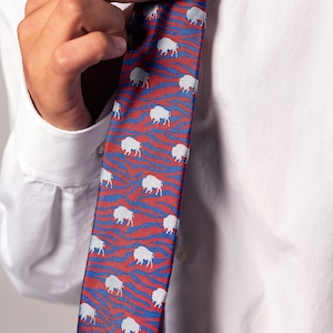 May include: A red and blue tie with a white buffalo pattern. The tie is being adjusted by a hand.