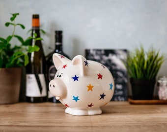 Piggy Bank With Stars Design - Personalised Pottery Present, Money Box, Savings, Children's Bedroom, Nursery, Unique Gift, Home Decor