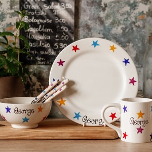 Children's or Adults Dining Set With Multicoloured Stars Design - Cutlery, Plate, Bowl, Mug, Tableware, Kitchen, Dinner, Food, Meals, Eating