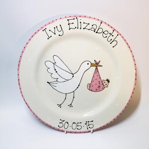 Stork Plate - New Born, Christening, Pottery Gift, Personalised, Serving, Keepsake, Treasure, Decoration, Unique Present, Handpainted