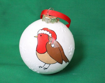Personalised Robin Bauble - Ceramic Tree Decoration, Christmas, Xmas, Unique, Handmade, Handpainted, Bird, Design, Present, Gift, Baby