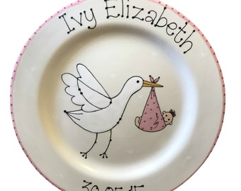 Stork Plate - New Born, Christening, Pottery Gift, Personalised, Serving, Keepsake, Treasure, Decoration, Unique Present, Handpainted