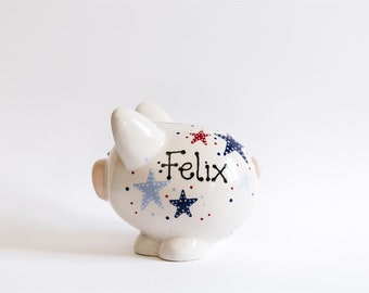 Piggy Bank - Stars - Christening, New Born, Pottery Gift, Baptism, Naming Day, Birthday, Unique, Handmade, Personalised, Handpainted,