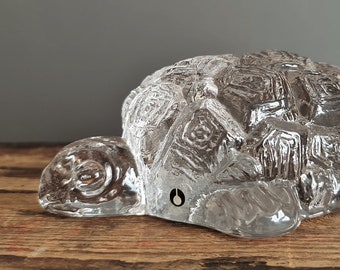 vintage Pukeberg Sweden tortoise paperweight with original sticker - 1960s 70s ice glass animal by Stig A. Karrstrand. Scandi home decor