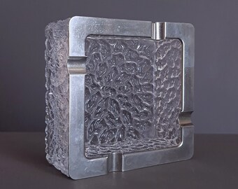 vintage crystal ashtray - Brama (Davidson Glass) 'Luna' - square ice texture with metal trim - British mid century modern design