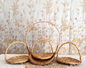 4 vintage easter baskets - 1980s cane plate style with long handle - bird's egg nest display - cottagecore decor