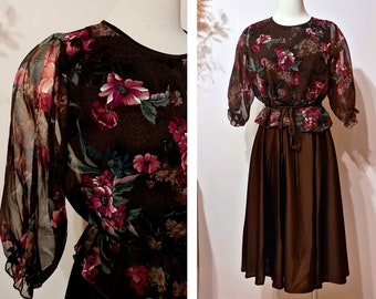 AU12 vintage sheer floral dress, 1970s boho brown floral midi, Belle Aire Fashions of Melbourne