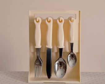vintage plastic cutlery caddy - 1970s hanging knives forks spoons + napkin holder - retro caravan