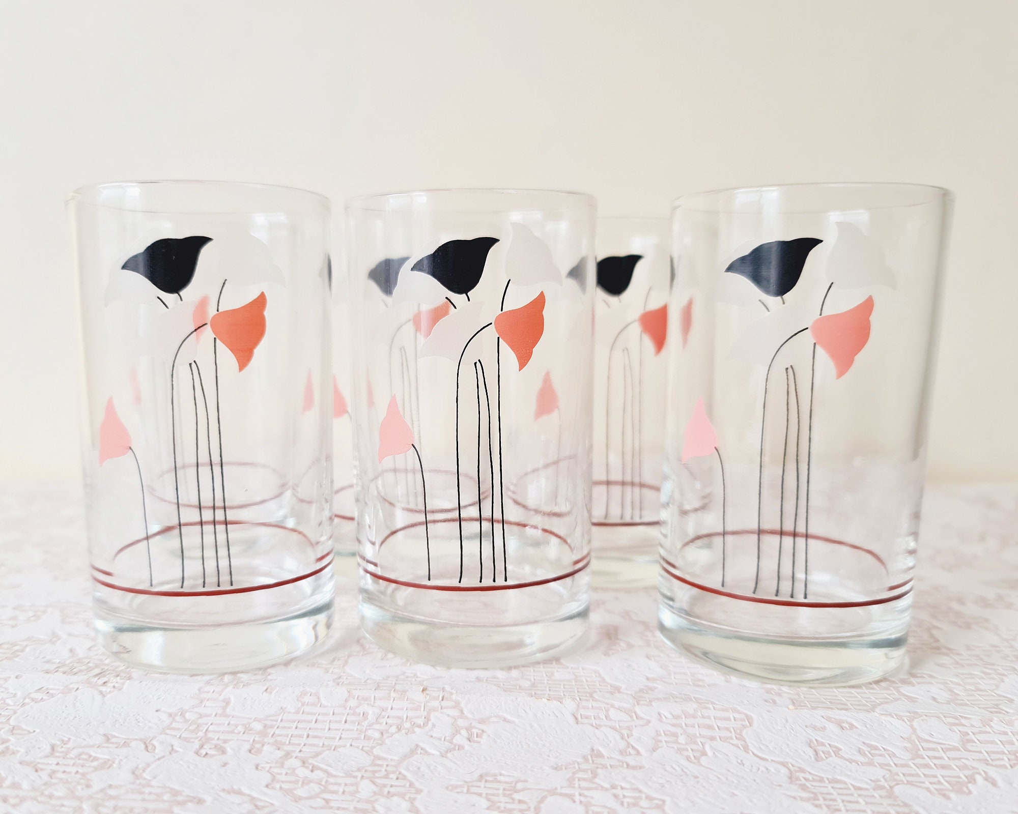 6 modernist flower drinking glasses vintage 1980s juice or Etsy