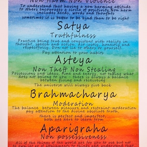 Digital download 5 Yamas poster instant download yoga art The five yamas on sweet watercolour colours of chakra