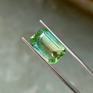 May include: A green gemstone with a rectangular emerald cut, held by tweezers. The gemstone has a light green color at the top and a darker green color at the bottom.