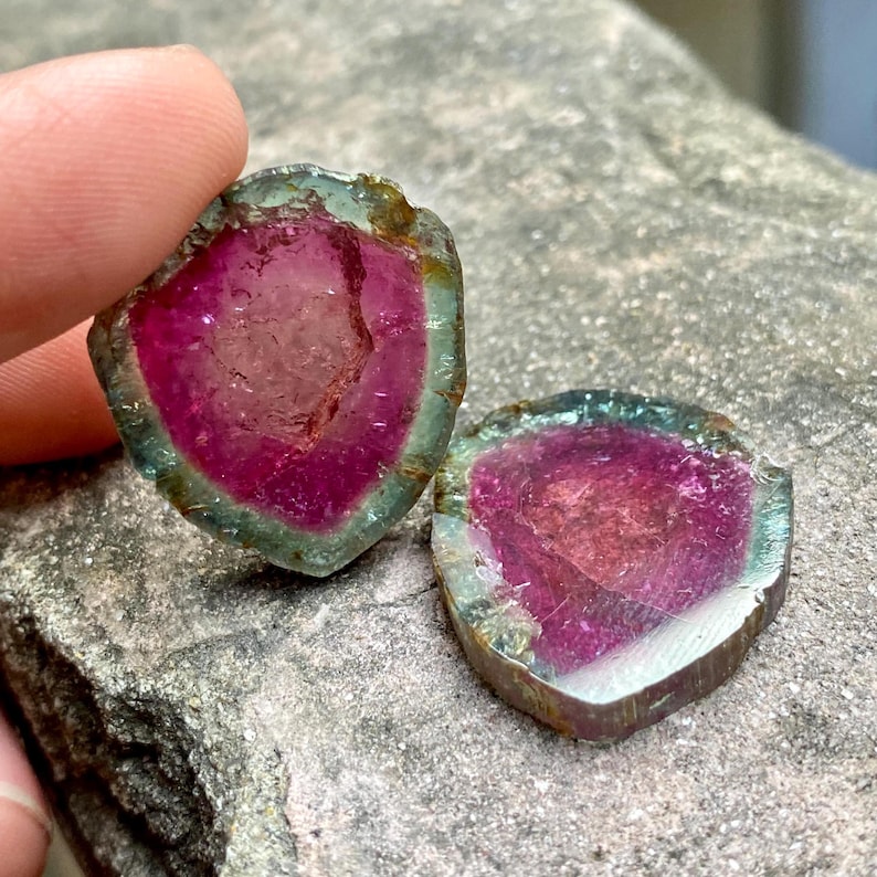Pu&ograve; includere: Due fette di turmalina watermelon rosa, verde e blu. Le fette sono tagliate e lucidate, rivelando la struttura cristallina a strati.