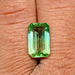 May include: A vibrant green emerald gemstone cut in an emerald shape.