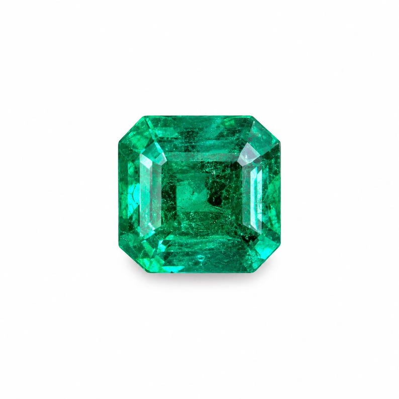 May include: A vibrant green emerald gemstone with a square step-cut shape. The stone features a faceted surface that reflects light, showcasing deep emerald hues and internal natural inclusions within the transparent crystalline structure.