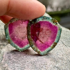 Pu&ograve; includere: Due fette di turmalina a forma di cuore, verdi, rosa e marroni. Le fette sono traslucide e hanno un bordo naturale e ruvido.