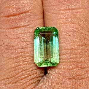 May include: A vibrant green emerald gemstone cut in an emerald shape. The gemstone is approximately 10mm x 7mm and has a brilliant, faceted finish.