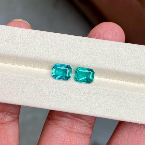 Neon Blue Zambian Emerald Pair: Emerald Cut Gemstones, 2.98 Carats