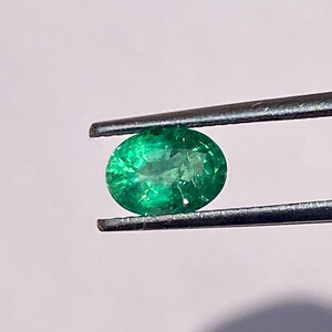 May include: A vibrant green emerald gemstone, held in tweezers, with a round oval shape.