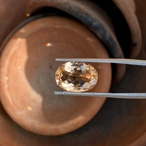 May include: A light brown oval-shaped gemstone held by tweezers. The gemstone is faceted and has a translucent appearance.