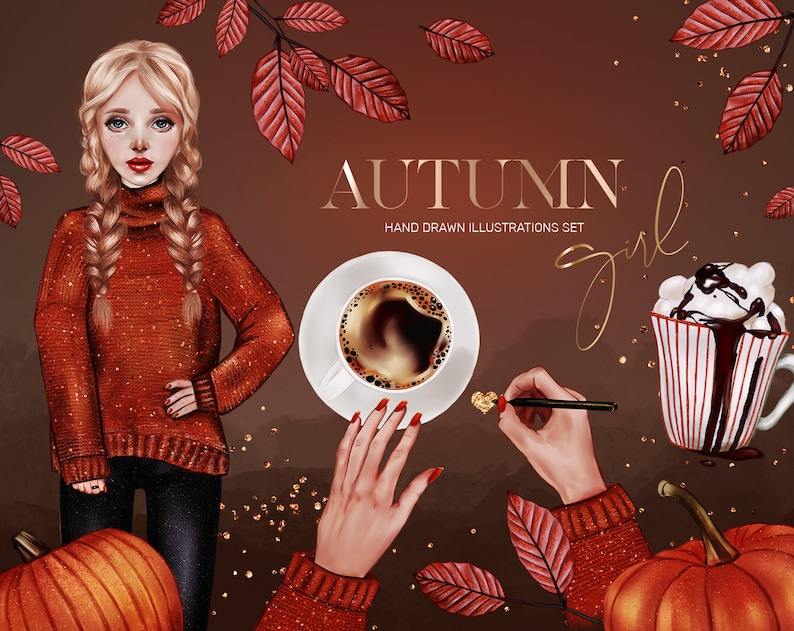 Coffee PNG Commercial Use OK for Stickers Pumpkins Illustration Autumn Leaves Fall Clip Art Planner Girl Autumn Girl Clipart